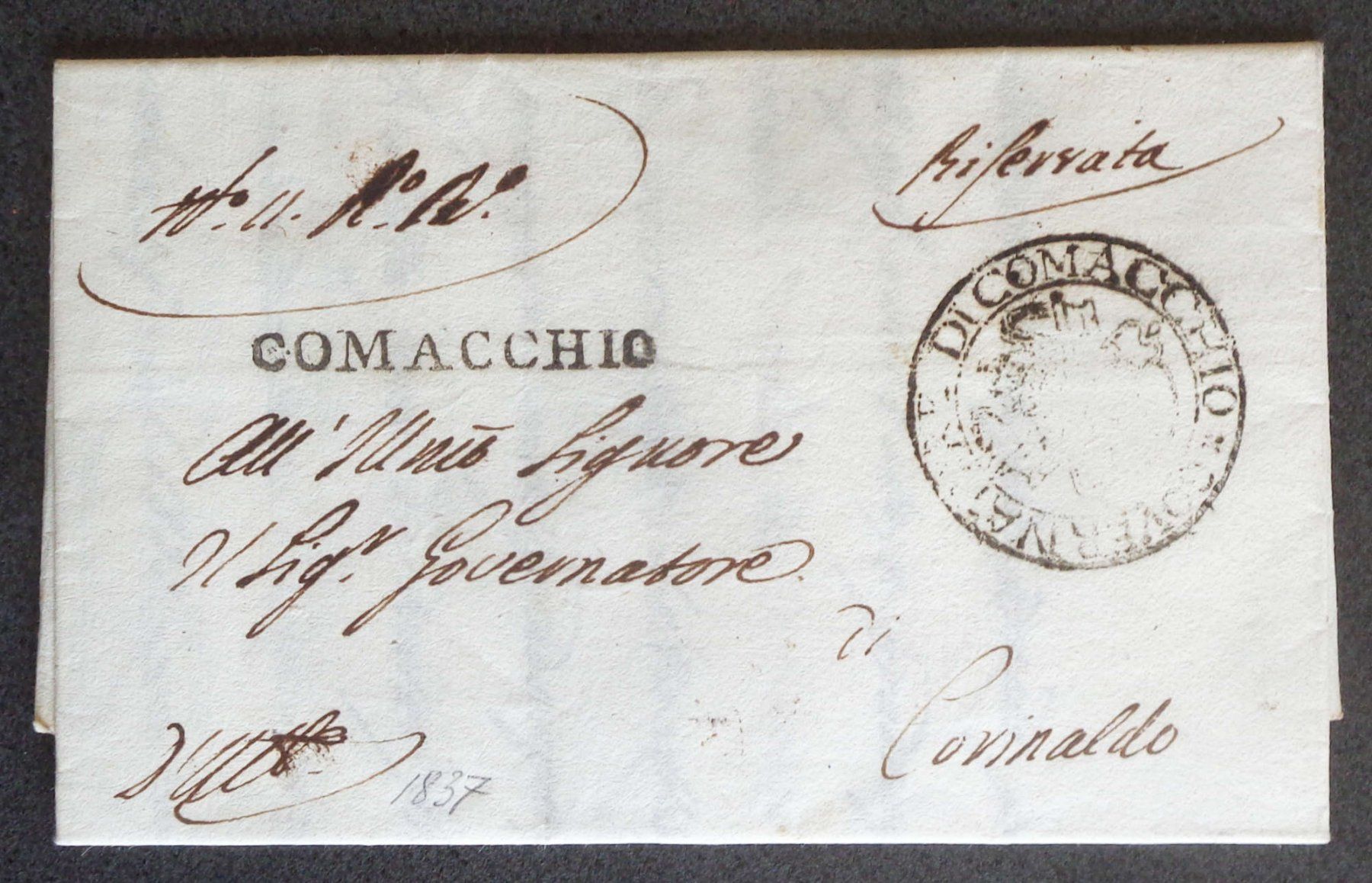 Tutti i francobolli: ITALIA 1837: Lettera da COMACCHIO a CORINALDO – Usato da Le Locle venduto da timbrettino