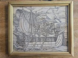 Holzschnitt frühe deutsche Schiffe um 1530, gerahmt