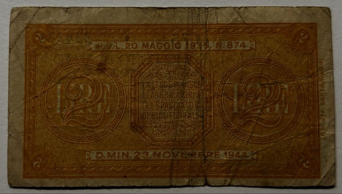 Banconote: Italien 2 Lire 1944 – Usato da Algetshausen venduto da Carrhard 1