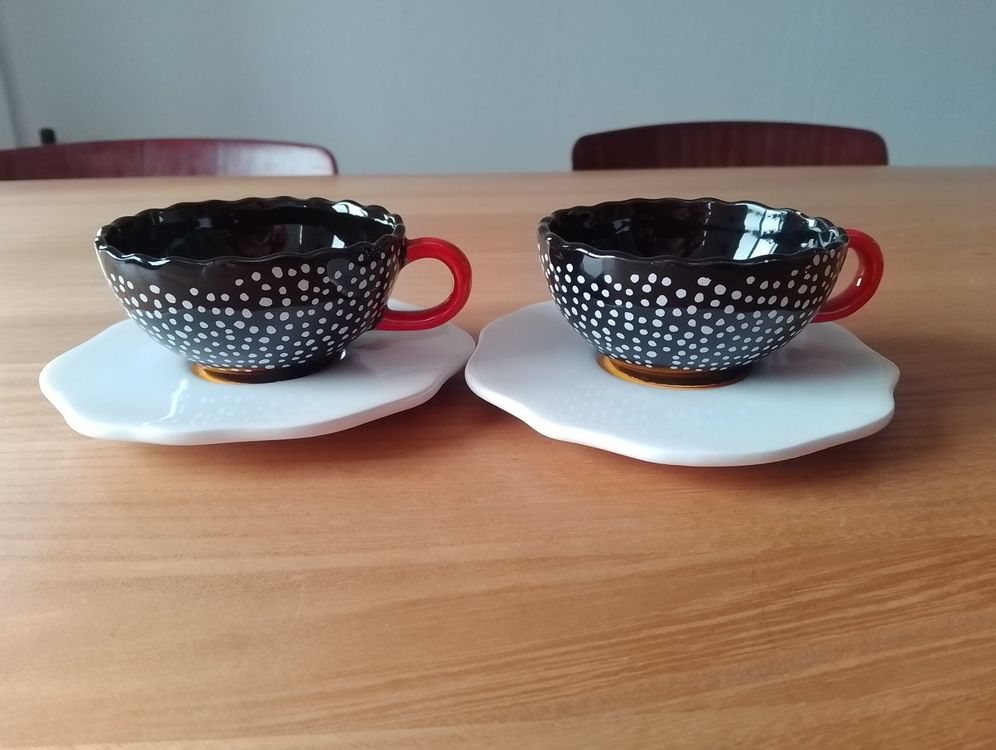 2 cooole Tassen und Tellerli Perlhuhn Spiegelei 80er Jahre (Gebraucht ...