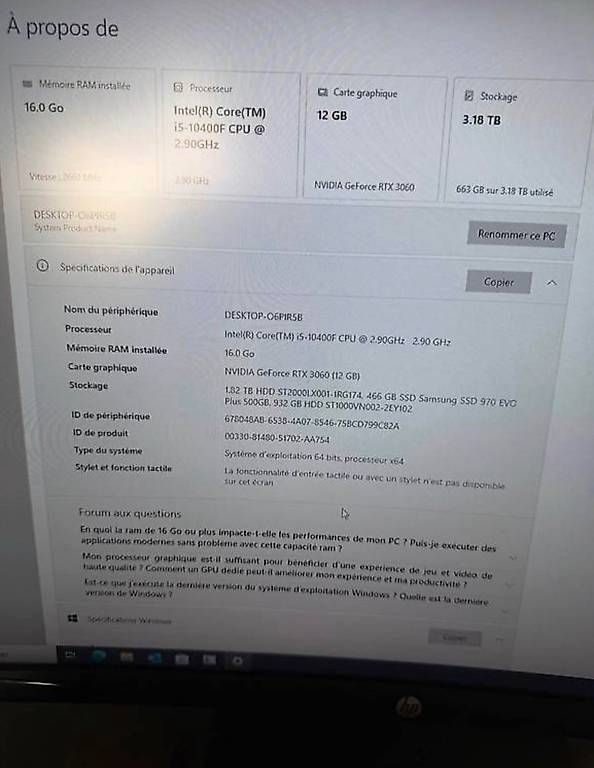 PC: PC Gamer RTX 3060 12Go + Écran HP X24c – Usato da Gland venduto da bru_jcy9 2