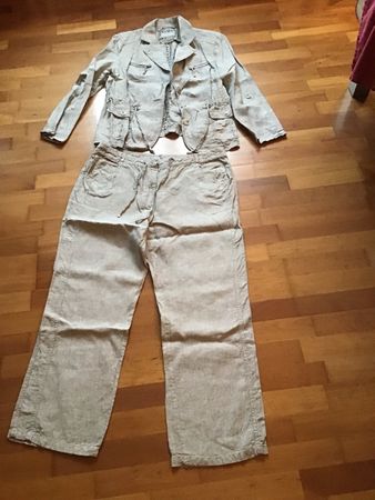 Damen Zweiteiler Leinen beige meliert Gr 46