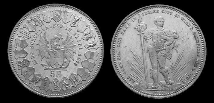 Alle Münzen: Schützentaler Basel 1879, 5 Franken – Gebraucht aus Freienbach von Bhaltis