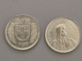 5 Franken Münzen  2 Stück 1969 Silber guter Zustand