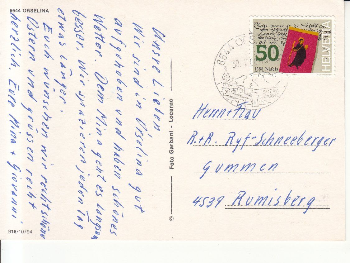 Cartoline postali: Orselina 1988 – Usato da Bürglen TG venduto da StampGraf 1