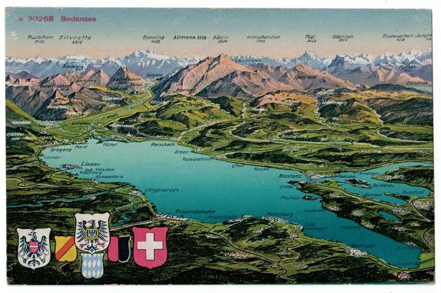 Cartoline postali: Vogelschau-AK Bodensee mit Länderwappen – Usato da Frauenfeld venduto da POML