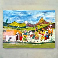 OLMEDA CUYO Tigua Folk Art Equateur Peinture primitive peau