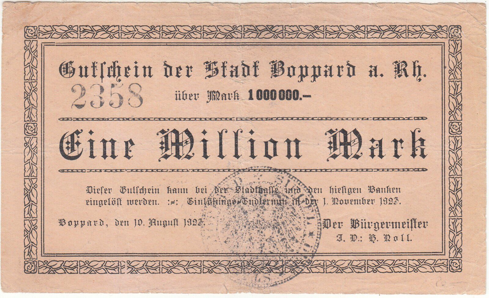 Banconote: Boppard 1 Mil. Mark 10.08.1923 SS++-VZ – Usato da Steffisburg venduto da ber_8htf