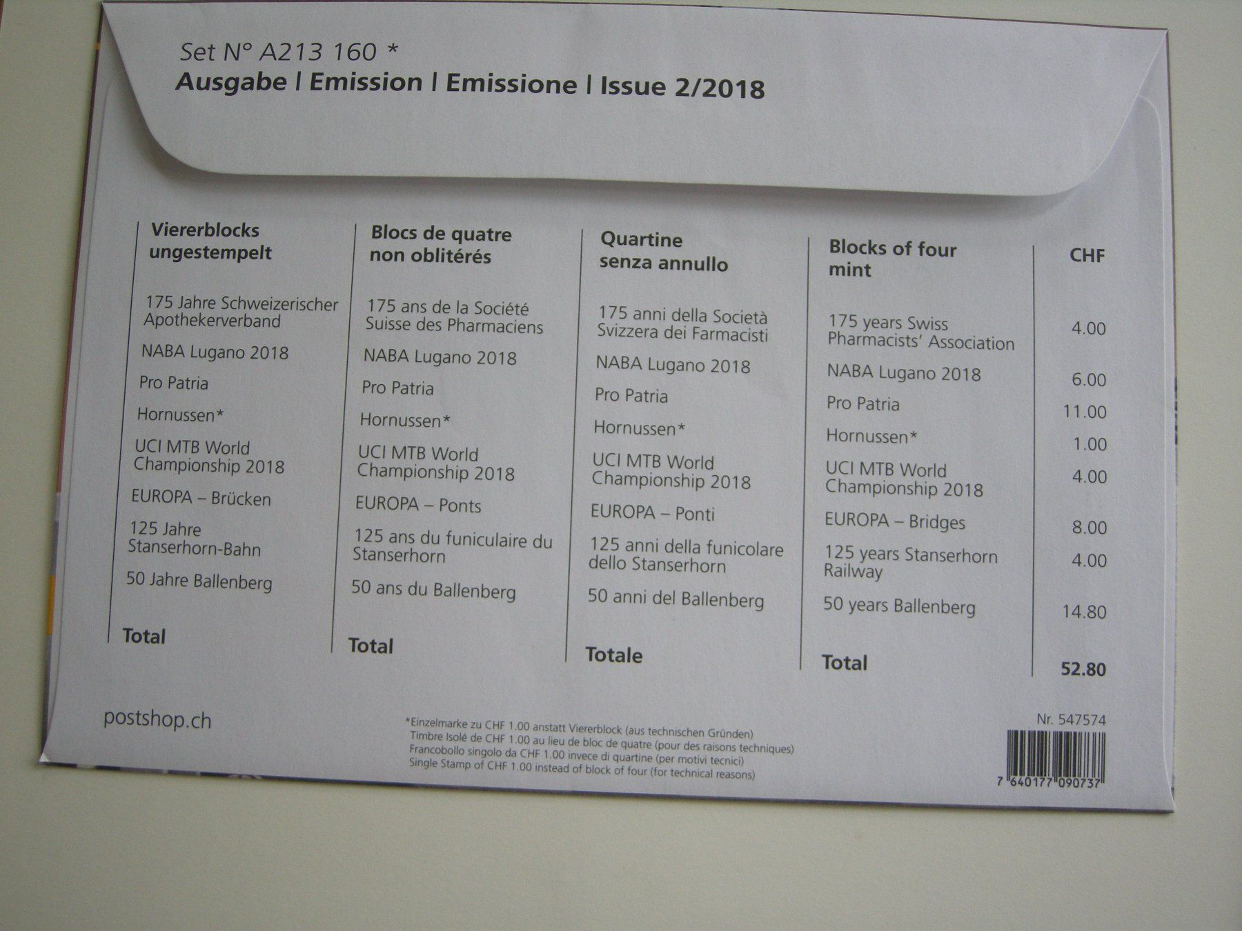 Tous les timbres: 2018 EMISSION 2, 4er BLOCKS POSTFRISCH, FRANKATUR, postpreis – D'occasion à Rüti ZH par jupi1945 2