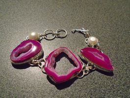 Armband silberfarbig, Steine pink mit Loch