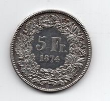 (577) Schweiz, 5 Franken 1874 Bern, B ohne Punkt, unz/stgl