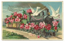 Dampfzug bringt Glück - Tauben - Rosen - Litho - 1910