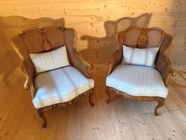 2antike Fauteuils im Louis-XV-/Rokokostil m. Wiener Geflecht