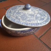 Antike Schüssel mit Deckel, Porzellan blau/weiss Krakelee