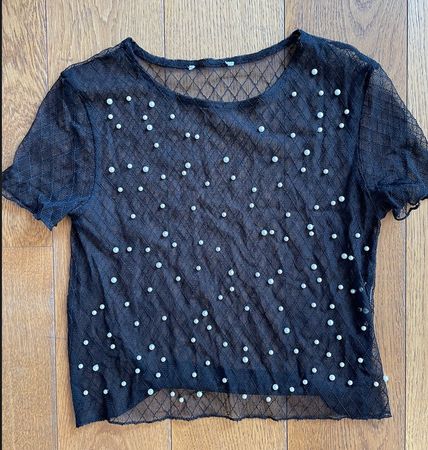 Black Mesh Top with Pearls, Size S - ZARA or H&M