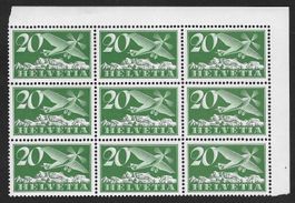1940: Flugpost Nr.F4y Gekreidetes 9er Block **