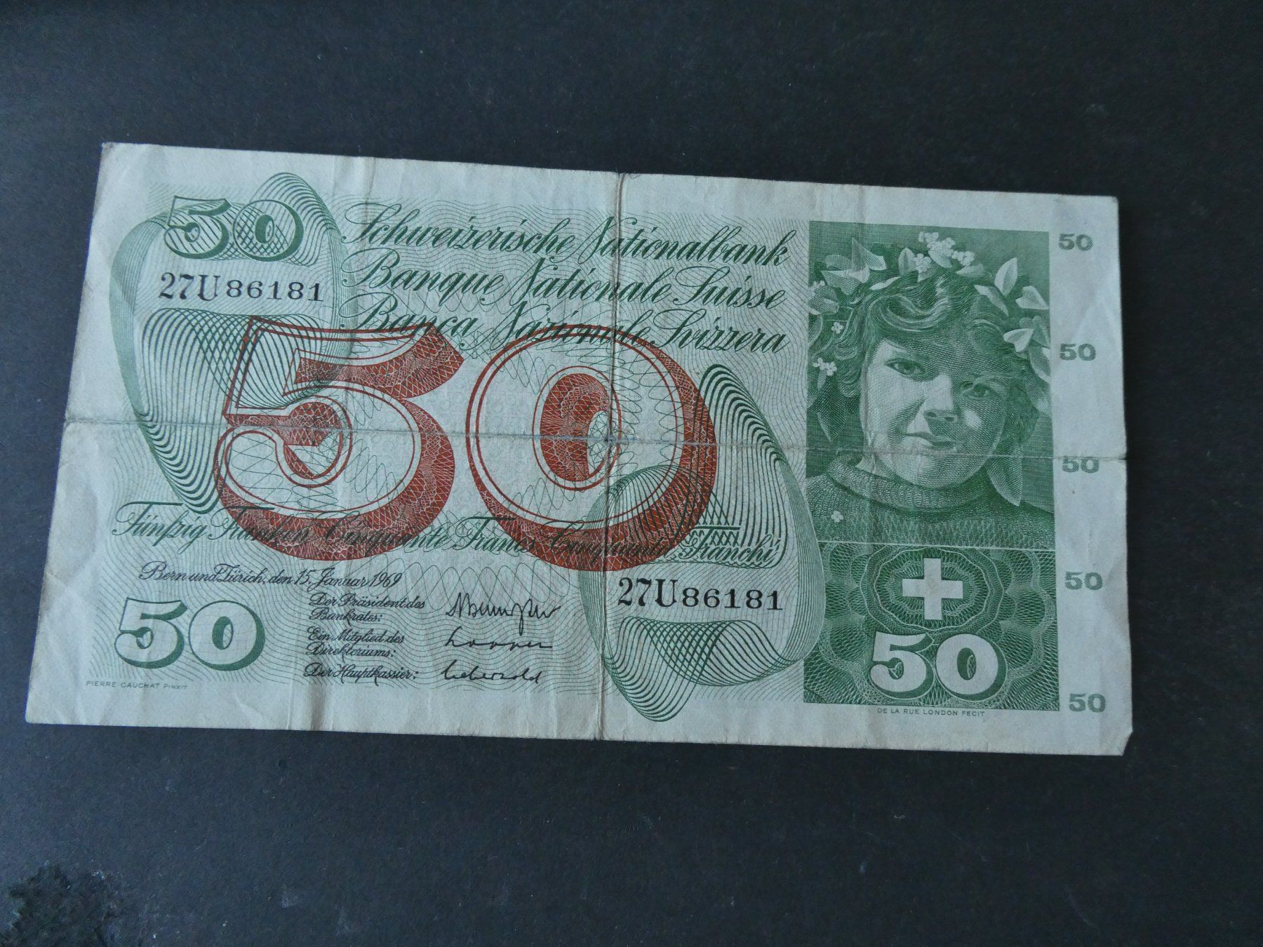 Banknoten: Schweiz 1969, 50 Franken – Gebraucht aus Hinterforst von Rohusri