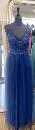 Abendkleid Royalblau mit Stickerei und Tüll Rock Grösse 36