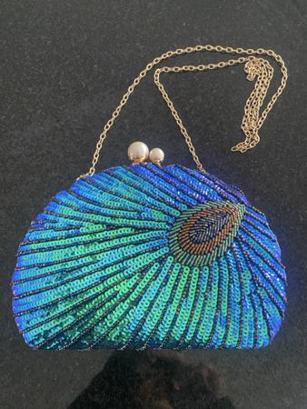 Sac de soirée paon, paillettes bleues et vertes, parfait!