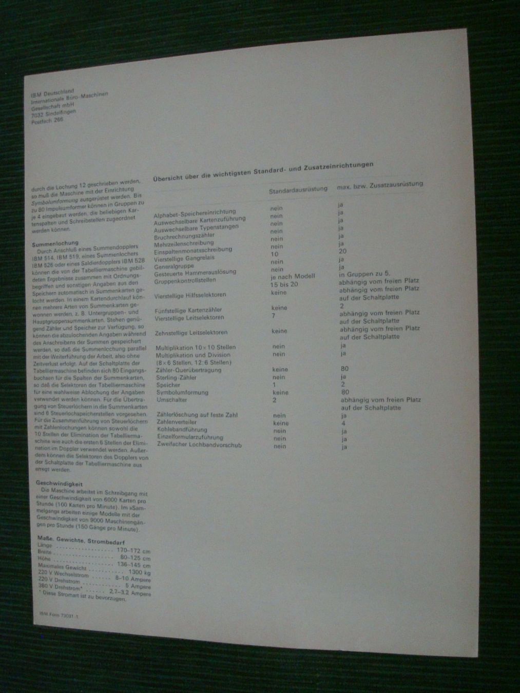 Dokumente: IBM Data Processing - Tabelliermaschine - Prospektblatt – Gebraucht aus Neuenegg von flohcante 1