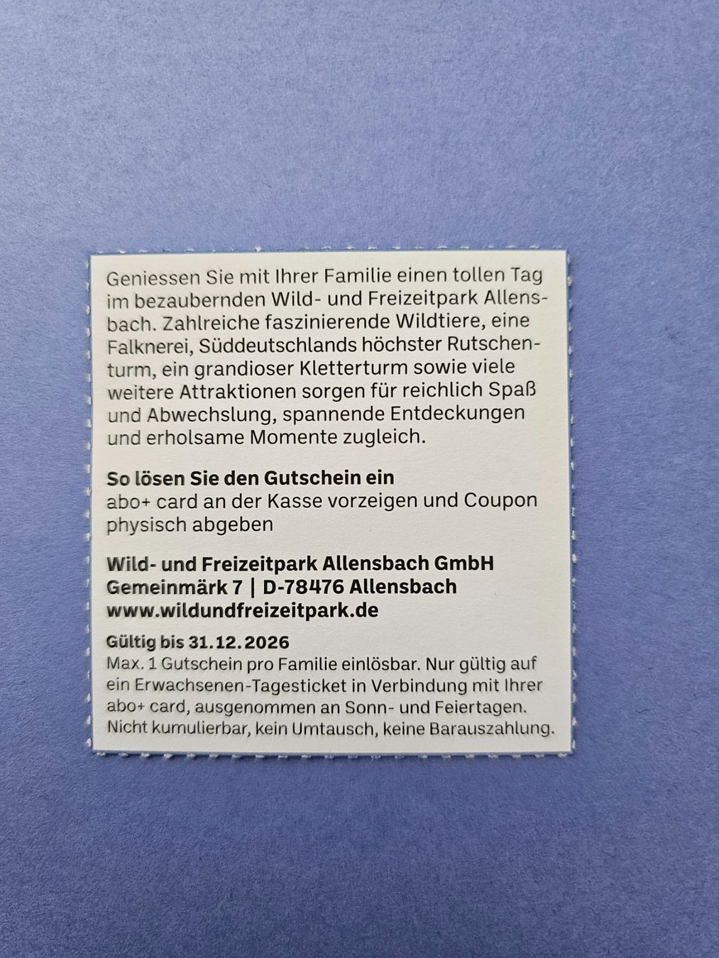 Bons: WILD - UND FREIZEITPARK ALLENSBACH 20 % AUF EINEN EINTRITT – Neuf (Voir description) à Ermatingen par Monaco1215 1