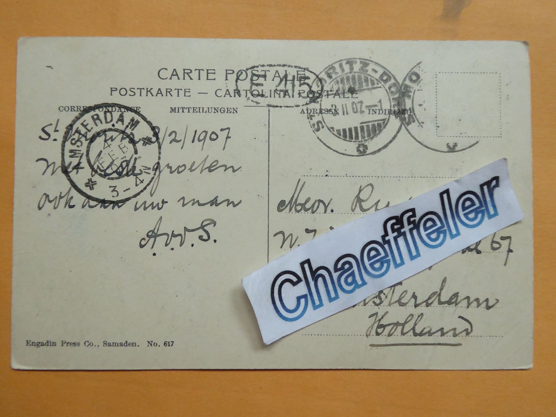 Cartes postales: 1907  St. Moritz – D'occasion à Zürich par Chaeffeler 1