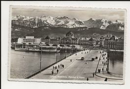 AK ca.1935 Luzern Seebrücke + Bahnhof + Alpen 🤩 belebt