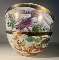 2 bols porcelaine vintage poissons koi dragons peints main