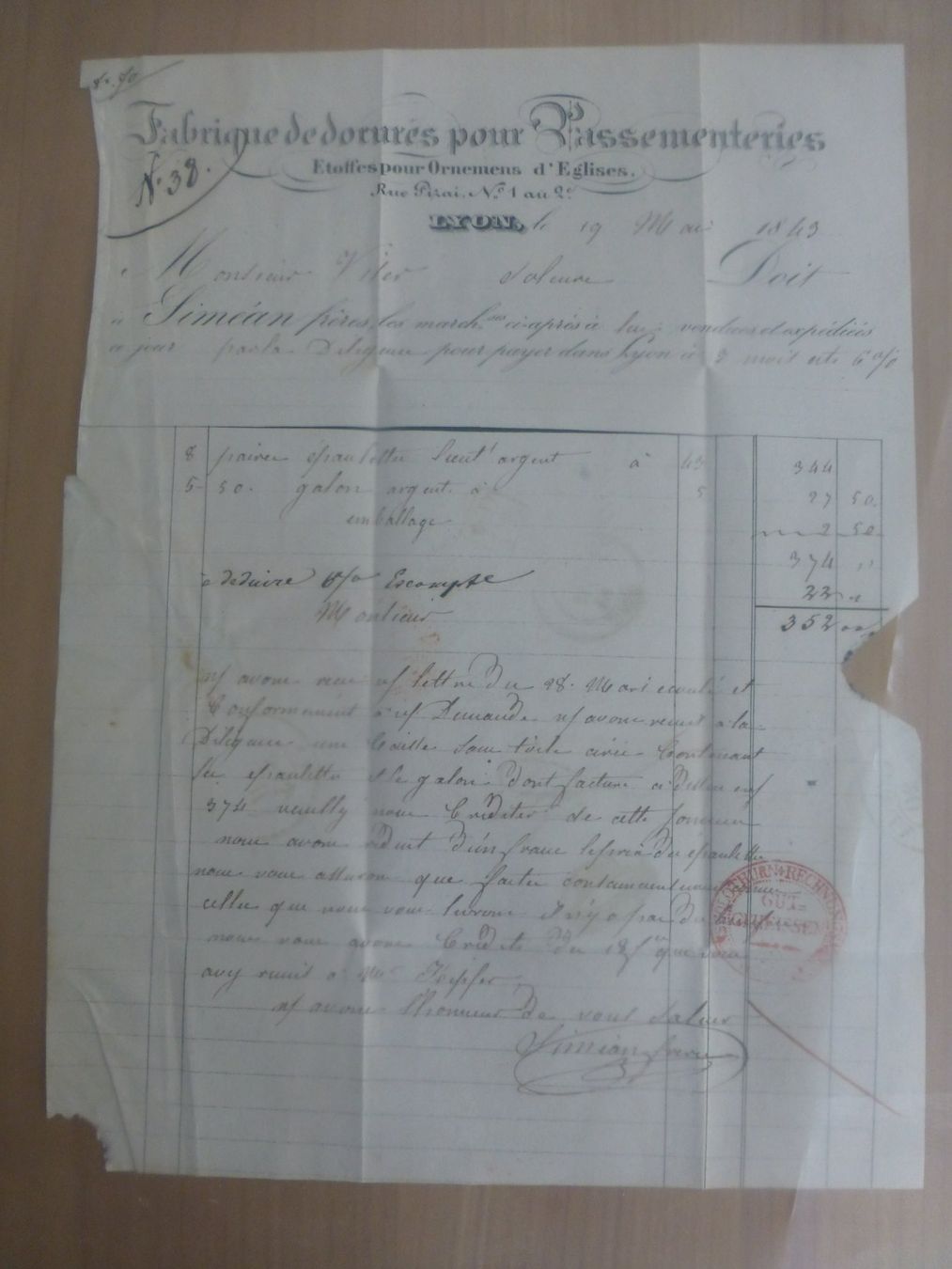 Documenti: Lyon nach Solothurn 19. Mai 1849 Rechnung – Usato da Bettlach venduto da 1saurer 3