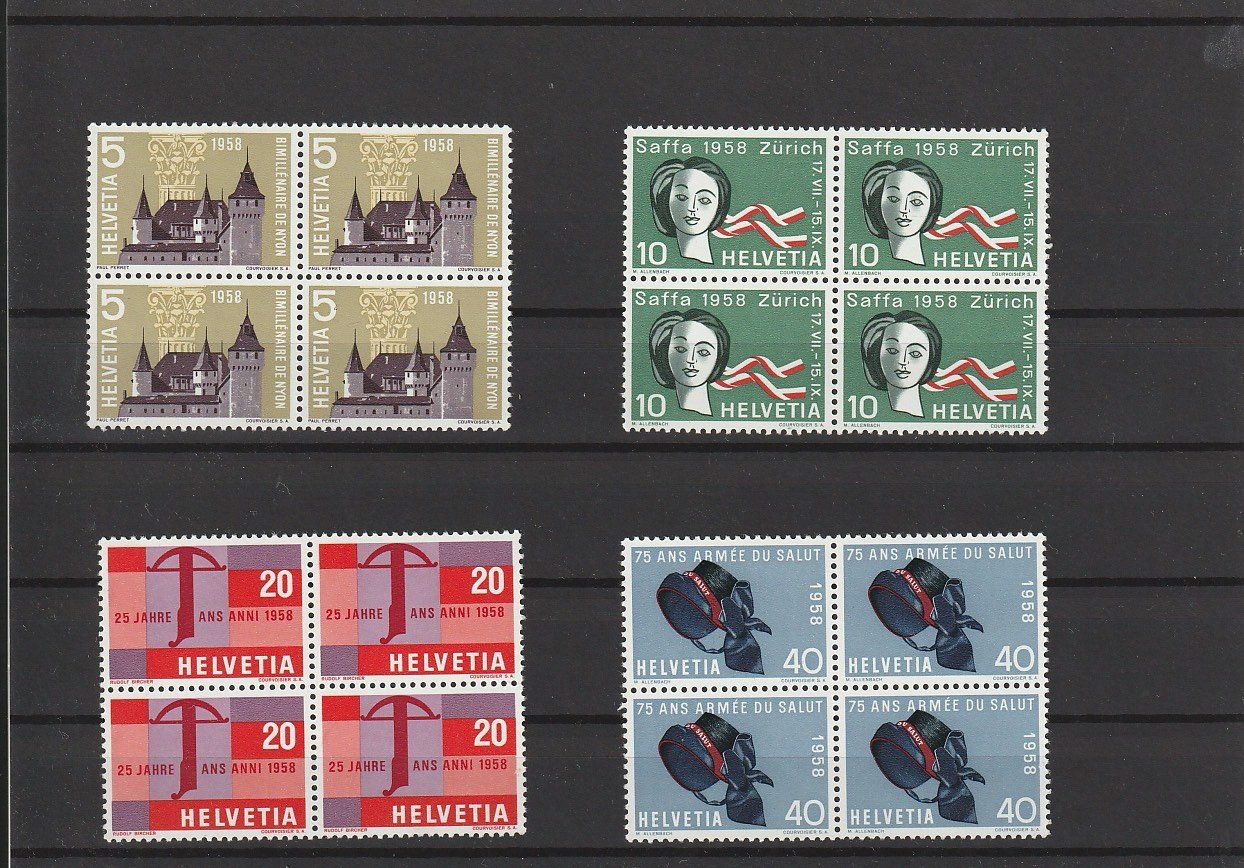Tutti i francobolli: Viererblock-Satz postfrisch 1958, Kat. 20.- Fr. – Usato da Zürich venduto da 1BJM5