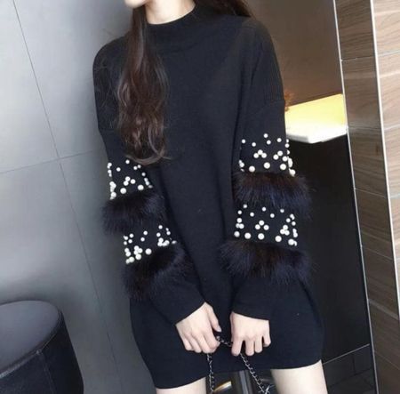 Langarm Kleid in Schwarz mit Kunstfell Neu