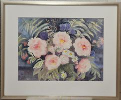 "Rosa Rosen mit Farn" - Aquarell-Bild mit Rahmen, 86x70 cm