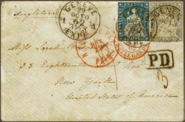 1855  1.10 Fr. Strubel-Frankatur nach New York