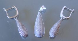 Silber 925 Demi Parure Pavé Anhänger und Ohrringe