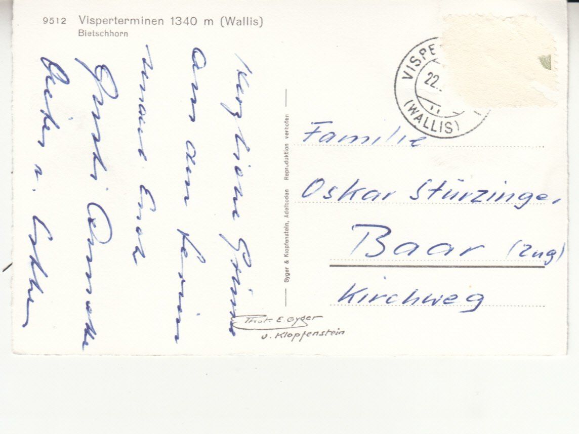 Cartoline postali: Visperterminen ca. 1950 – Usato da Bürglen TG venduto da StampGraf 1