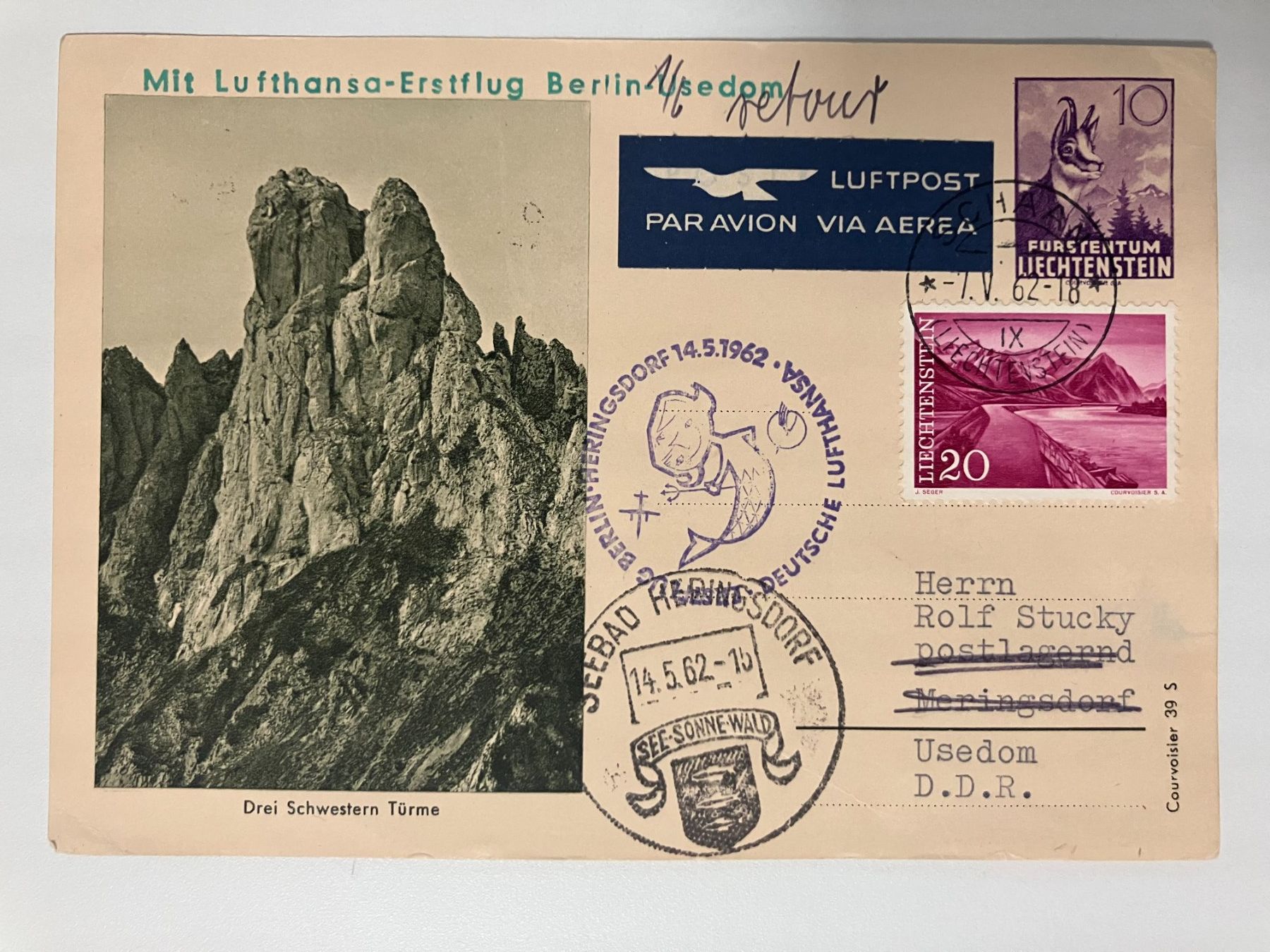 Tutti i francobolli: DDR 1962, Lufthansa-Erstflug Berlin-Usedom, Mitläufer – Usato da Würenlos venduto da Eulenpostuhu