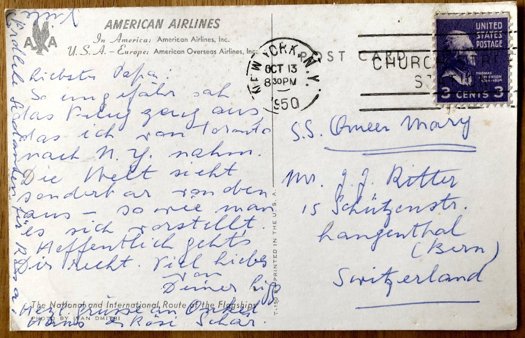 Cartoline postali: Alte Postkarte AMERICAN AIRLINES – Usato da Starrkirch-Wil venduto da heidiml 1