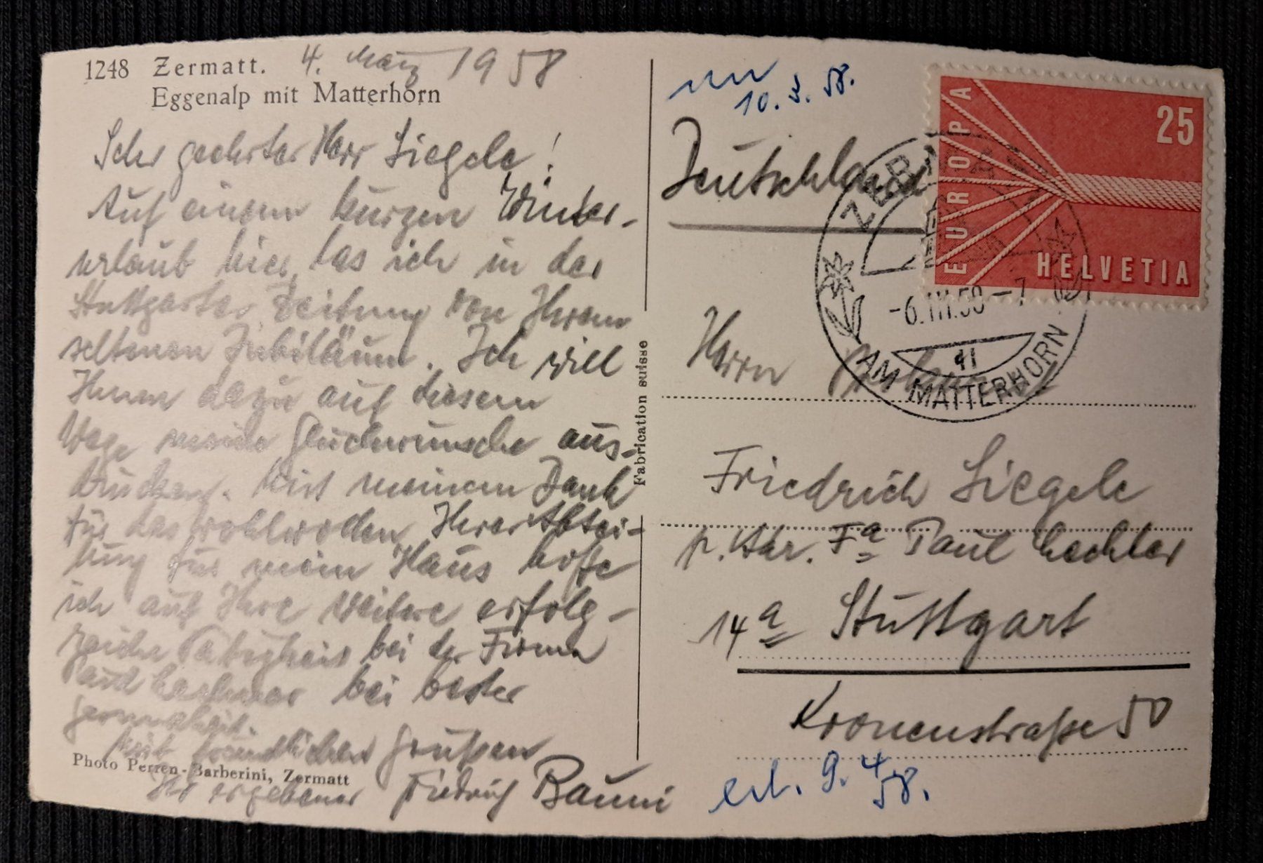 Cartes postales: MATTERHORN 1958 – D'occasion à Ponto Valentino par giorgia06 1