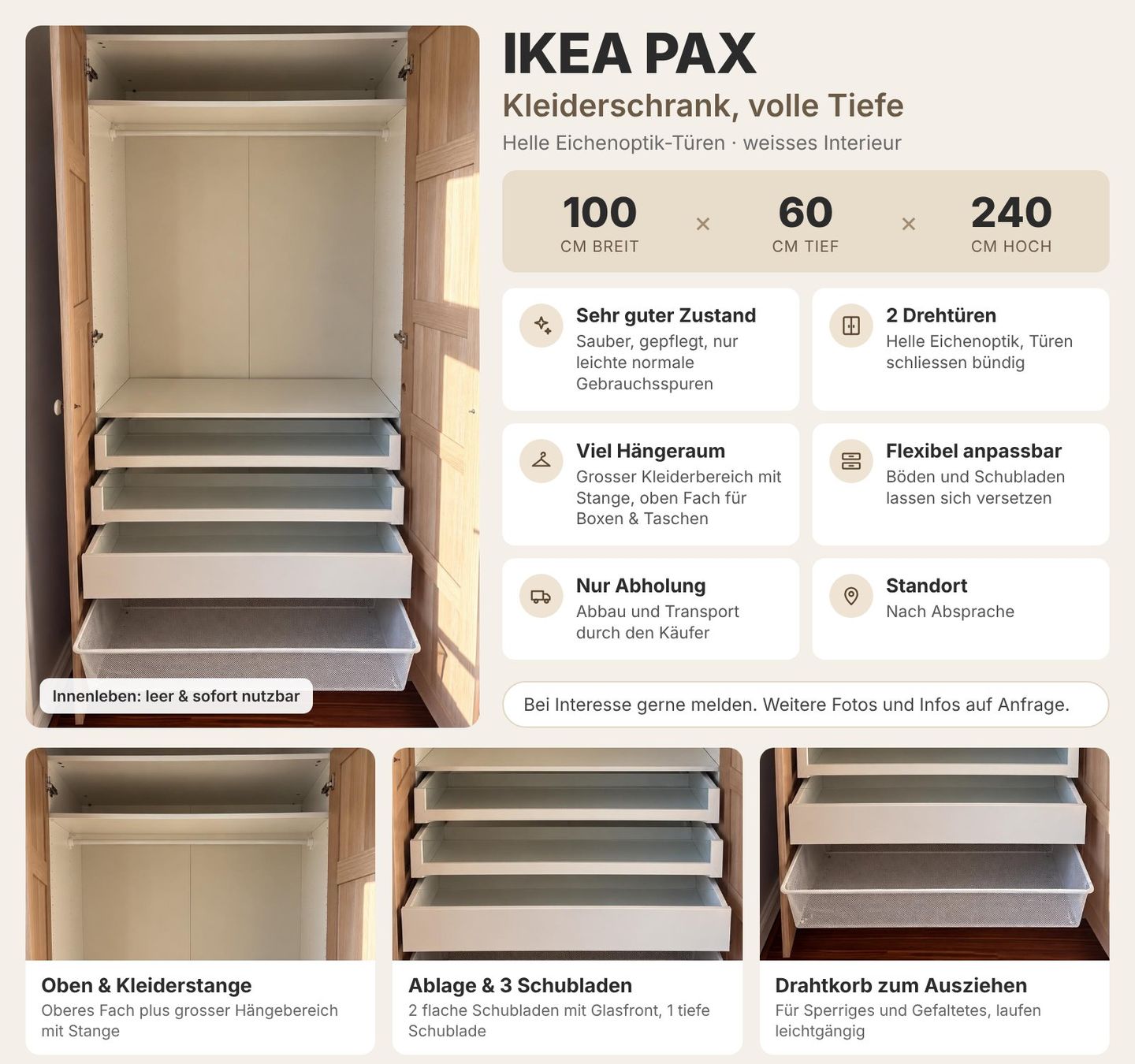 IKEA PAX Schrank Wardrobe 100x60x240 (Gebraucht) in Kilchberg ZH für CHF 199 – nur Abholung auf Ricardo kaufen