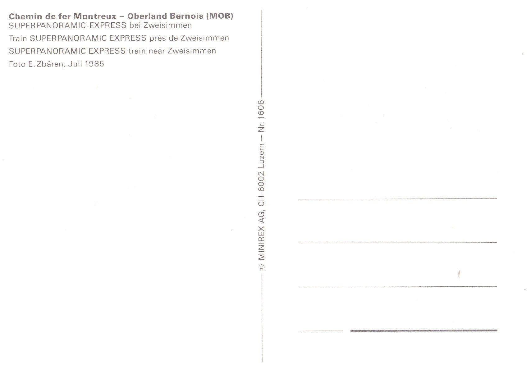 Cartoline postali: MOB - Montreux-Berner Oberlandbahn, 1985 – Usato da Obfelden venduto da Funke2 1