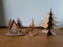 Holzdekoration, Weihnachten, Tannenbäume, Krippe, Rehe