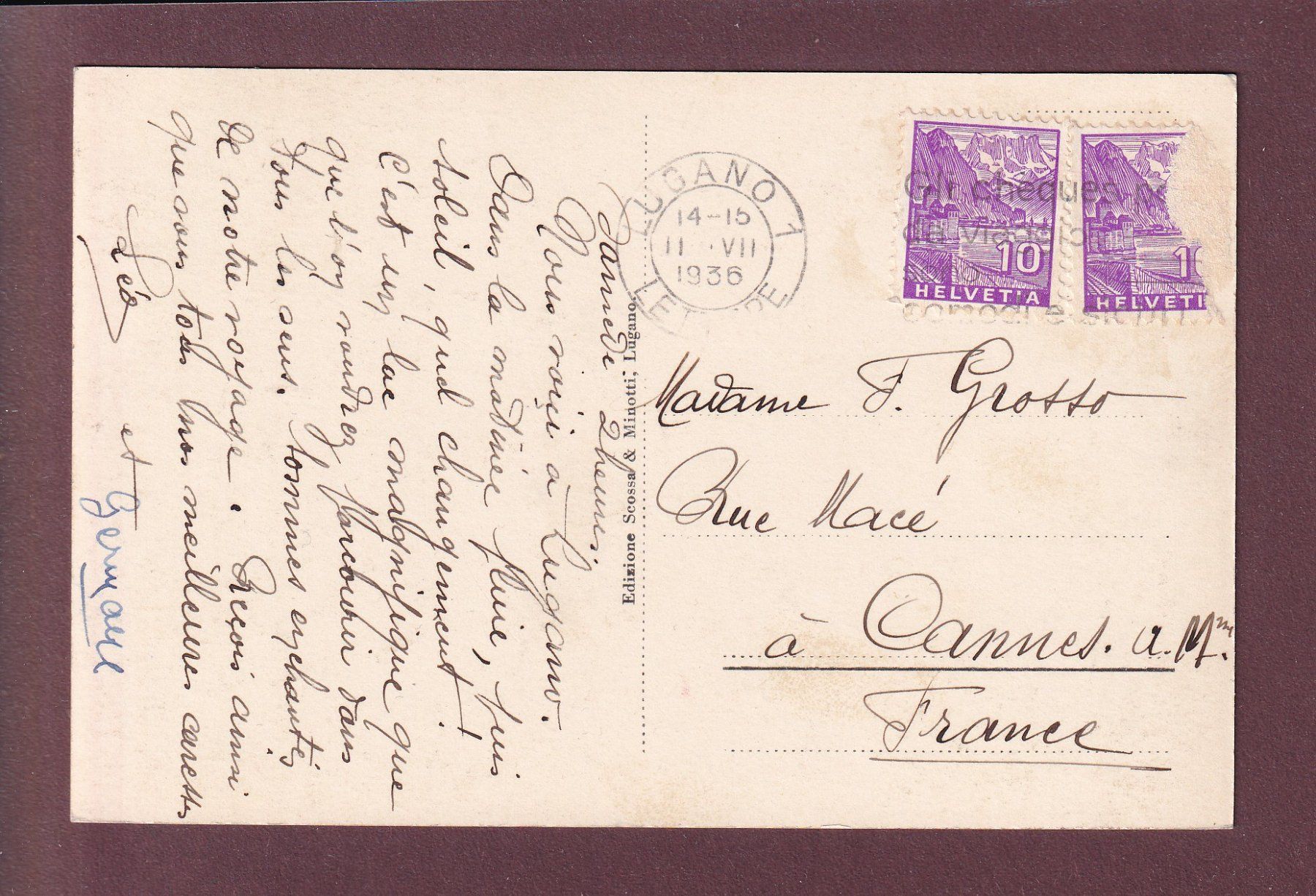 Ansichtskarten: LUGANO - Panorama e Giardino - 1936 – Gebraucht aus Pully von nicecards 1