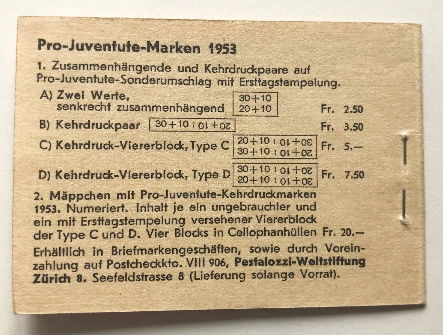 Tutti i francobolli: Pro Juventute 1953 Markenheft 2 ** braun – Nuovo (secondo la descrizione) da Nuglar venduto da Stamp88 2