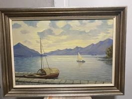 Ölgemälde P. Alder See mit Boot gerahmt 80x60 cm Zustand