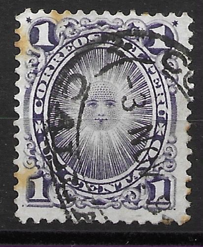 Alle Briefmarken: Peru 1886: Wappen 1 C. violett – Gebraucht aus Zürich von Rainstamps