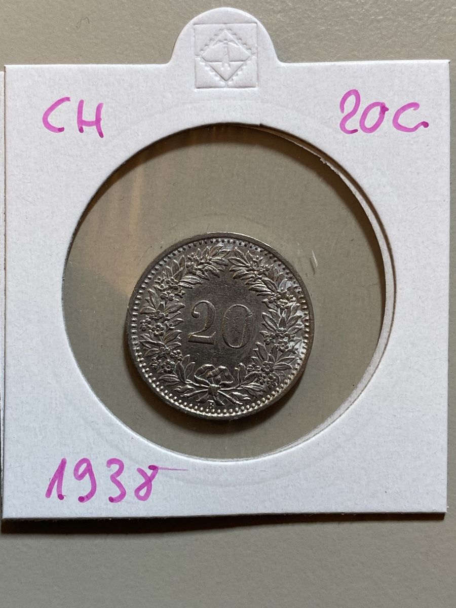 Alle Münzen: Suisse - 20 centimes - 1938 – Gebraucht aus Payerne von Mike1682
