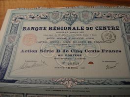 Alte Bankaktie Frankreich, 1920, Banque regionale du Centre