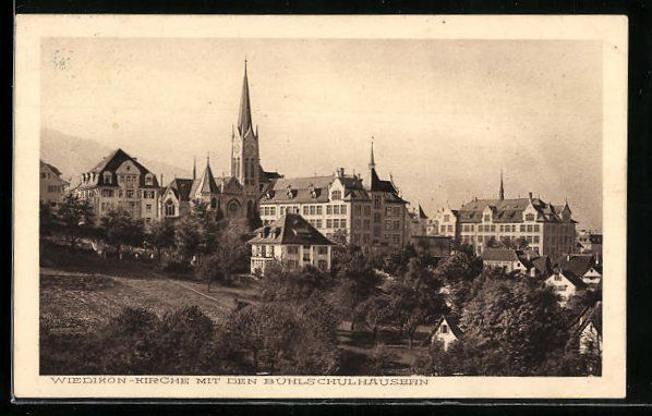 Cartoline postali: Wiedikon, Kirche mit den Bühlschulhäus – Usato da Berlin venduto da bartko-reher