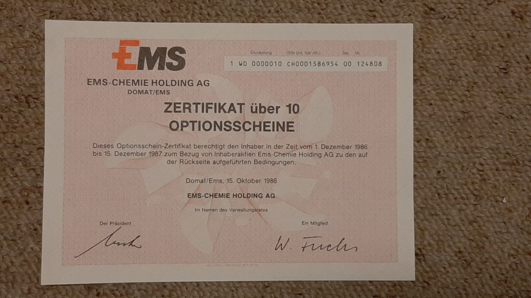 Documenti: EMS-CHEMIE Optionsscheine – Nuovo (secondo la descrizione) da Porza venduto da ulletta1