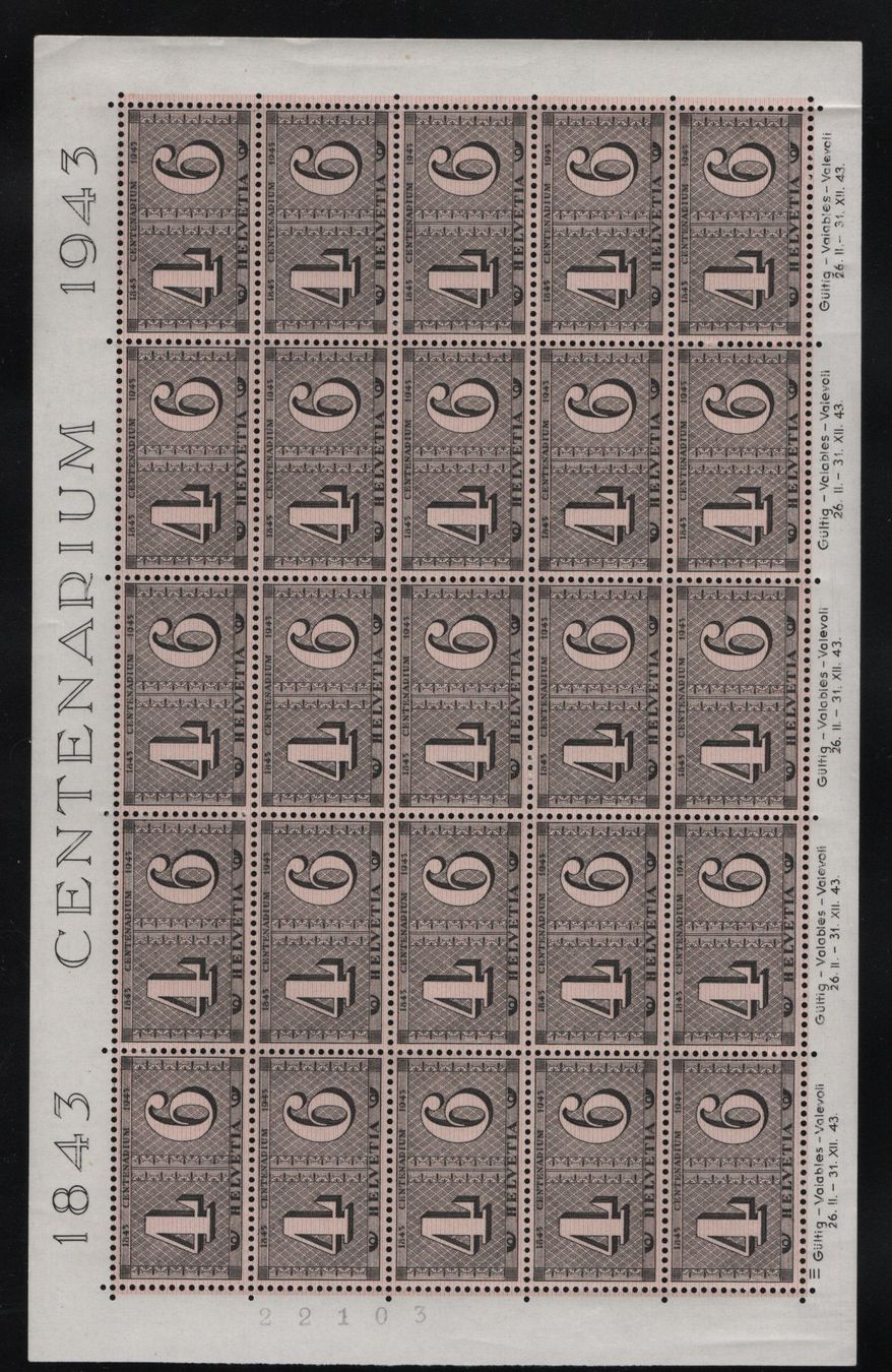 Tutti i francobolli: 1943 Bogen 100 Jahre schweizerische Postmarken Nr. 258 Postf – Nuovo (secondo la descrizione) da Gordola venduto da tist